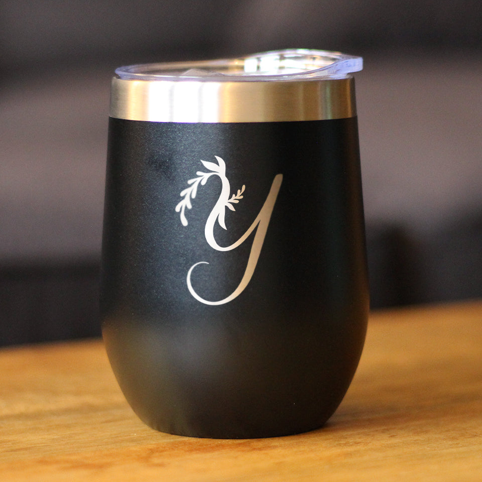 Monogram Floral Initial Letter Y - Wine Tumbler