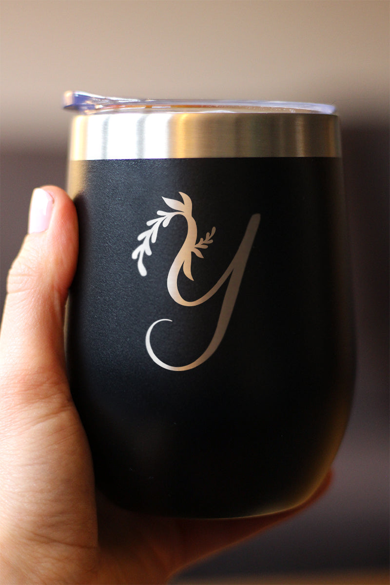 Monogram Floral Initial Letter Y - Wine Tumbler