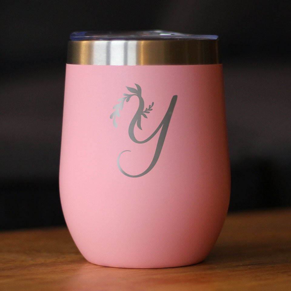 Monogram Floral Initial Letter Y - Wine Tumbler