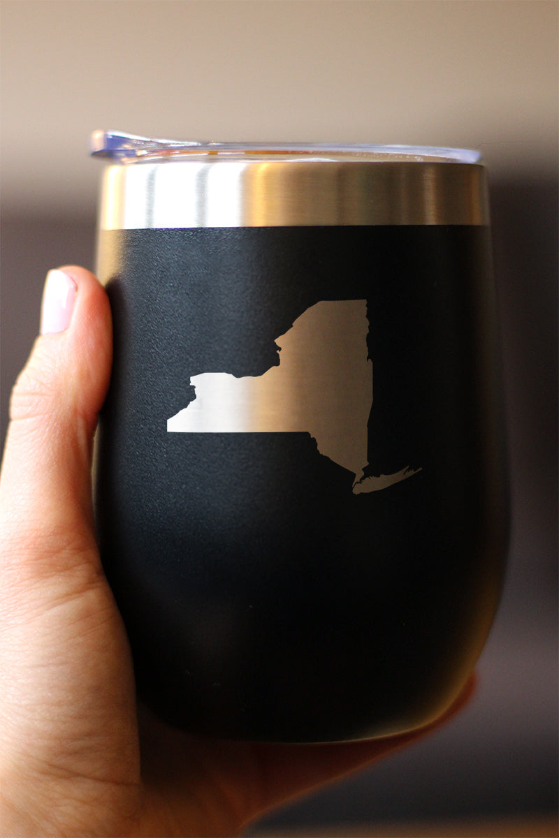 New York State Outline - Wine Tumbler Glass with Sliding Lid - Stainless Steel Insulated Mug - New York Gifts Women and Men New Yorkers