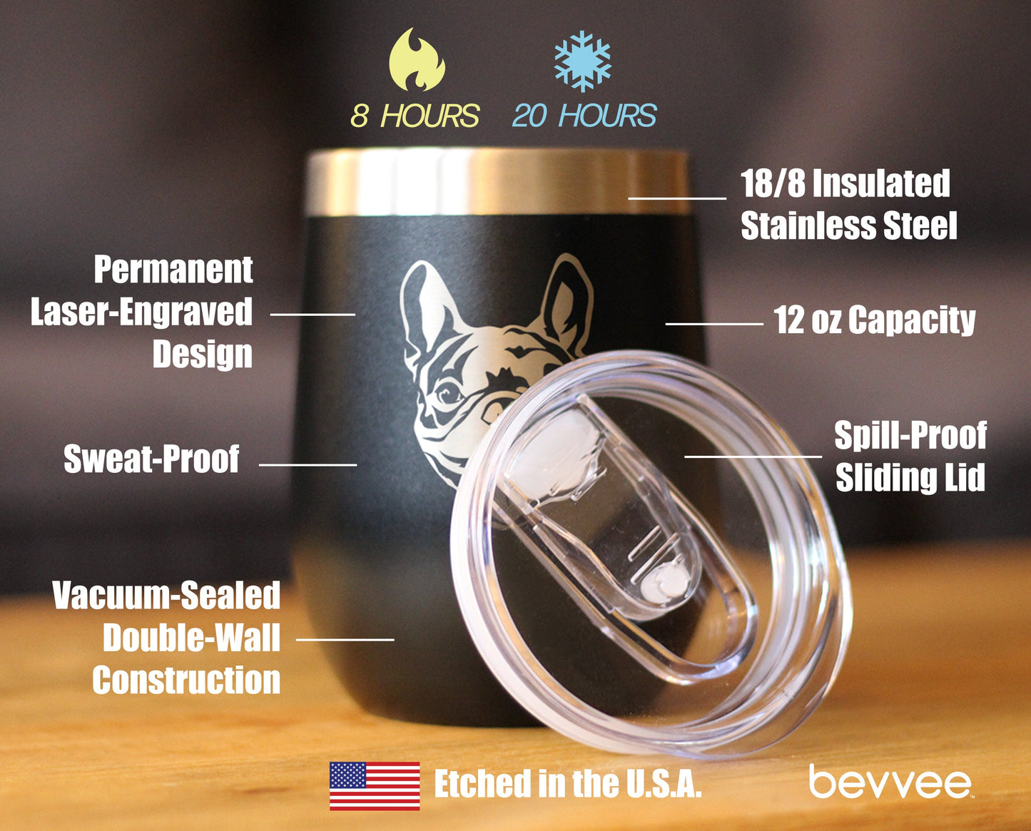 Happy Frenchie - Wine Tumbler Glass with Sliding Lid - Stainless Steel Insulated Mug - Unique French Bulldog Dog Gifts for Women & Men