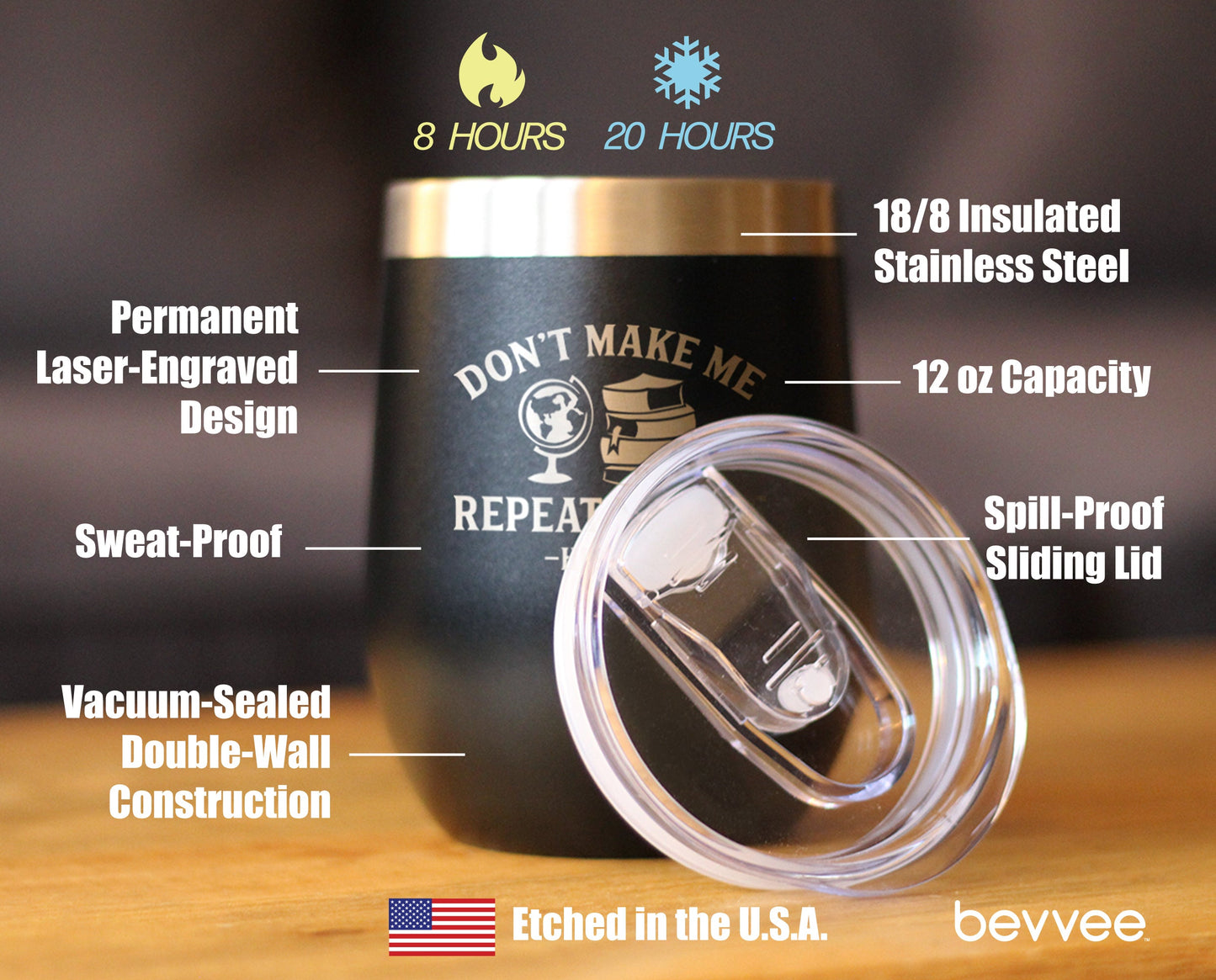 History: Don't Make Me Repeat Myself - Wine Tumbler Glass with Sliding Lid - Stainless Steel Insulated Mug - Unique Teacher Gifts for Women and Men