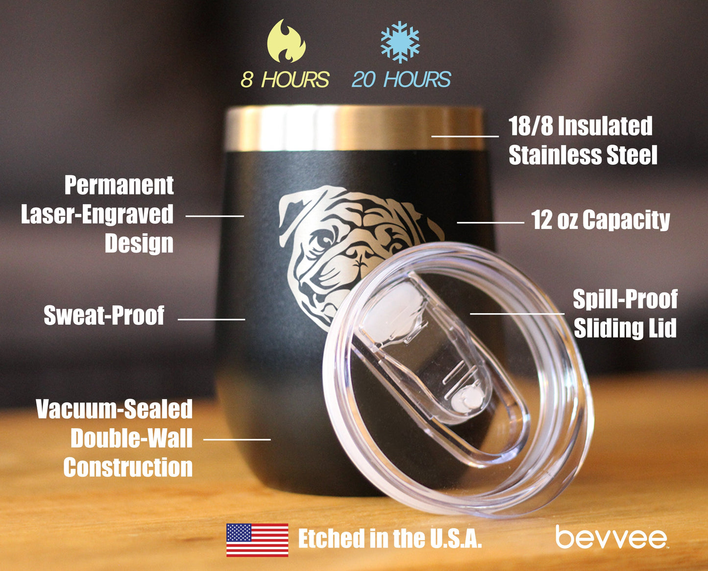 Pug - Wine Tumbler Glass with Sliding Lid - Stainless Steel Insulated Mug - Cute Pug Themed Gift for Men and Women