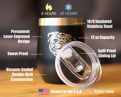 Pug - Wine Tumbler Glass with Sliding Lid - Stainless Steel Insulated Mug - Cute Pug Themed Gift for Men and Women