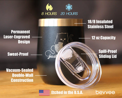 Just Unwind - Cat Wine Tumbler Glass with Sliding Lid - Stainless Steel Travel Mug - Unique Cat Gifts for Women and Men