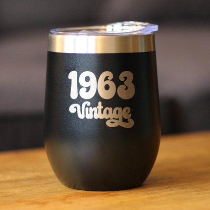 Vintage 1963 - Insulated Wine Tumbler Glass with Sliding Lid - Cute Funny 62nd Birthday Gift for Women or Men Turning 62