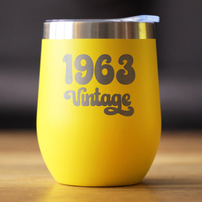 Vintage 1963 - Insulated Wine Tumbler Glass with Sliding Lid - Cute Funny 62nd Birthday Gift for Women or Men Turning 62
