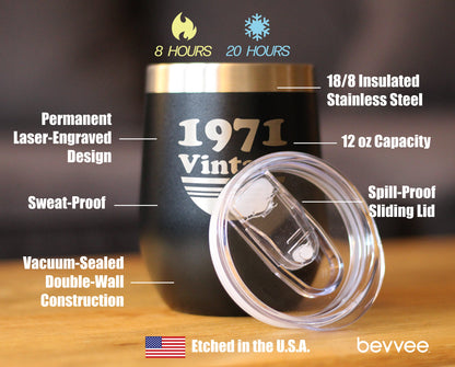 Vintage 1971 - Insulated Wine Tumbler Glass with Sliding Lid - Cute Funny 54th Birthday Gift for Women or Men Turning 54