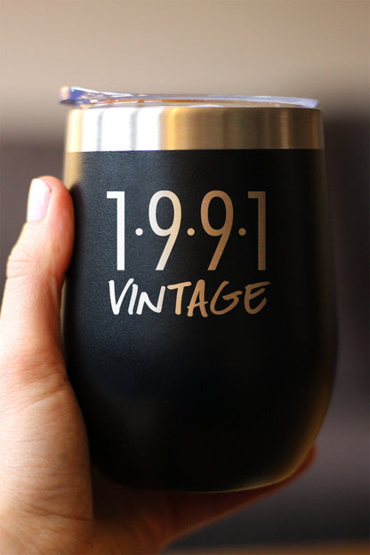 Vintage 1991 - Insulated Wine Tumbler Glass with Sliding Lid - Cute Funny 34th Birthday Gift for Women or Men Turning 34