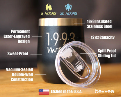 Vintage 1993 - Insulated Wine Tumbler - 32nd Birthday Wine Glass Gifts for Women & Men Turning 32