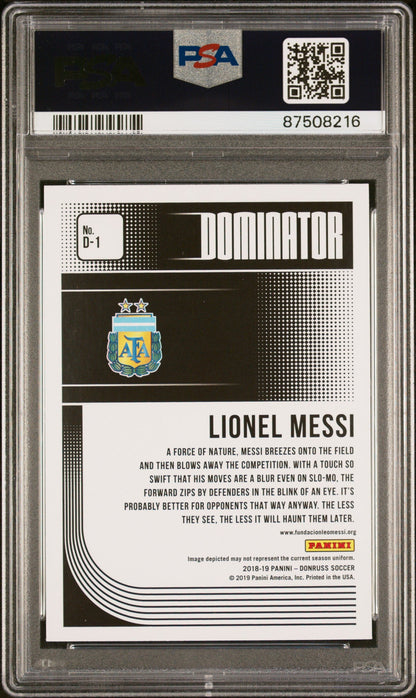 Graded 2018 Panini Donruss Lionel Messi #D1 Dominator Soccer Card PSA 10 Gem Mint