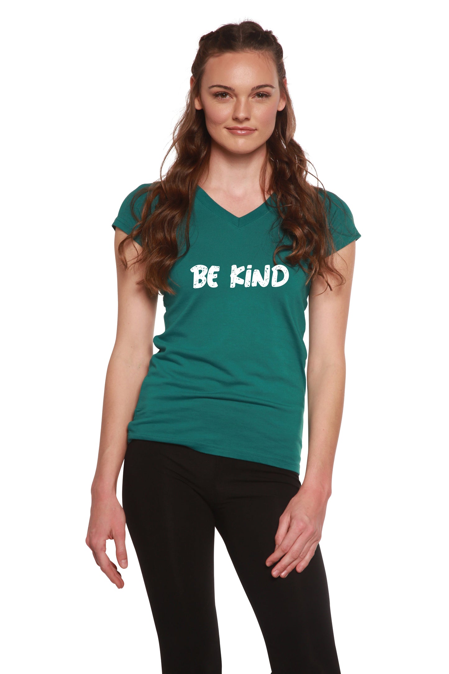 Be Kind Printed Women's Bamboo Viscose/Cotton V-Neck Cap Sleeve T-Shirt