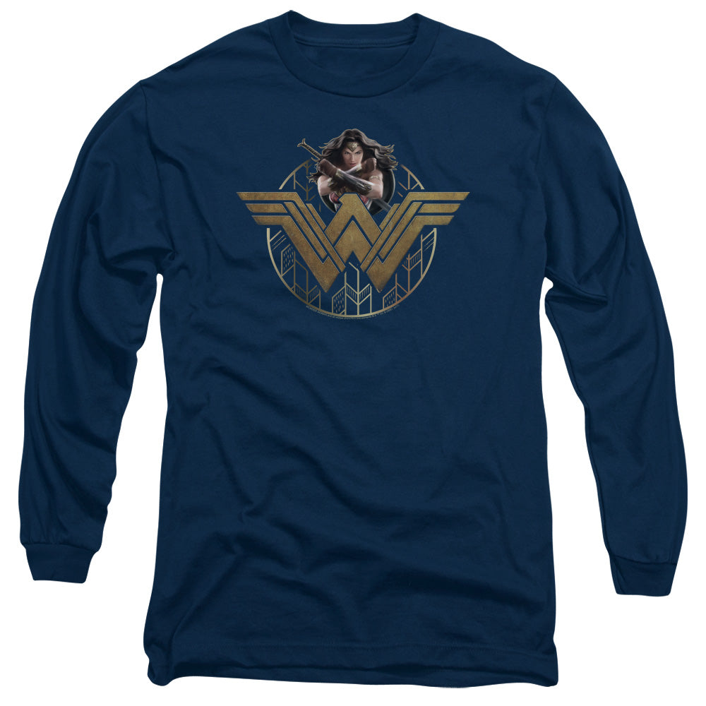 Wonder Woman Movie Power Stance And Emblem Mens Long Sleeve Shirt Navy Officially Licensed