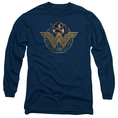 Wonder Woman Movie Power Stance And Emblem Mens Long Sleeve Shirt Navy Officially Licensed