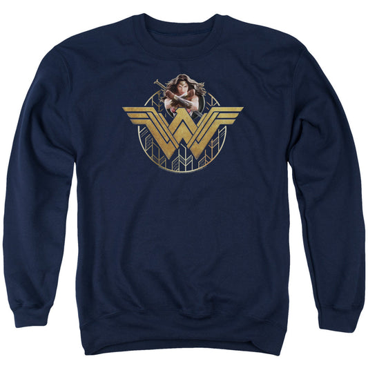 Wonder Woman Movie Power Stance And Emblem Mens Crewneck Sweatshirt Navy Officially Licensed