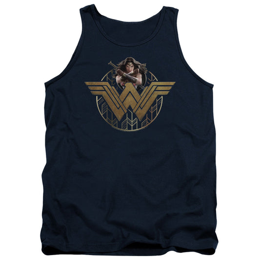 Wonder Woman Movie Power Stance And Emblem Mens Tank Top Shirt Navy Blue Officially Licensed