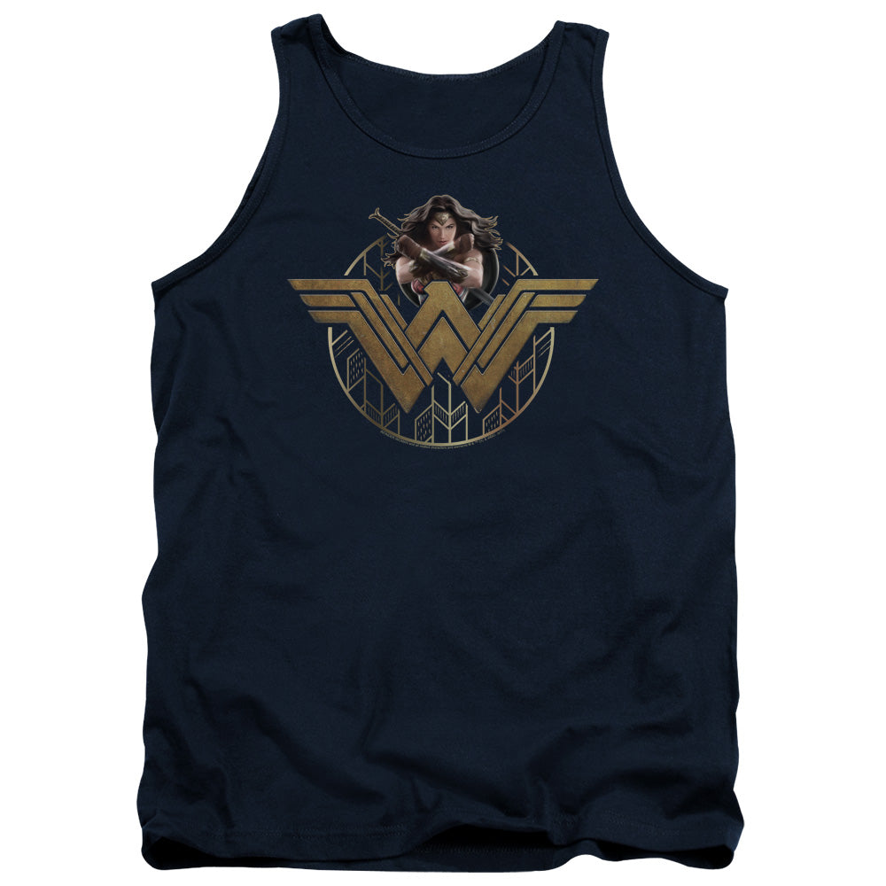 Wonder Woman Movie Power Stance And Emblem Mens Tank Top Shirt Navy Officially Licensed