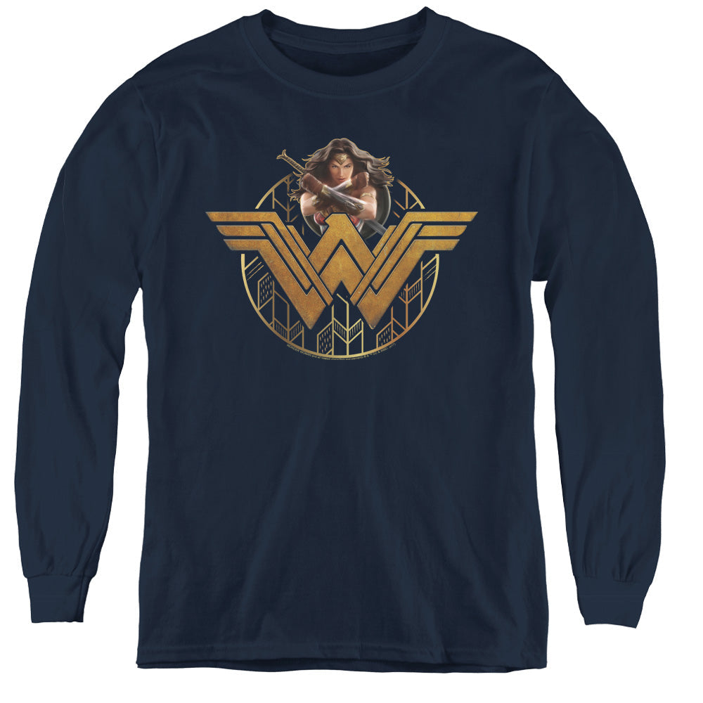 Wonder Woman Movie Power Stance And Emblem Long Sleeve Kids Youth T Shirt Navy Blue Officially Licensed