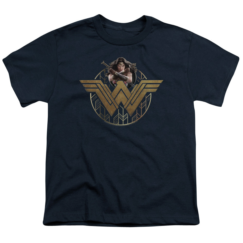 Wonder Woman Movie Power Stance And Emblem Kids Youth T Shirt Navy Blue Officially Licensed