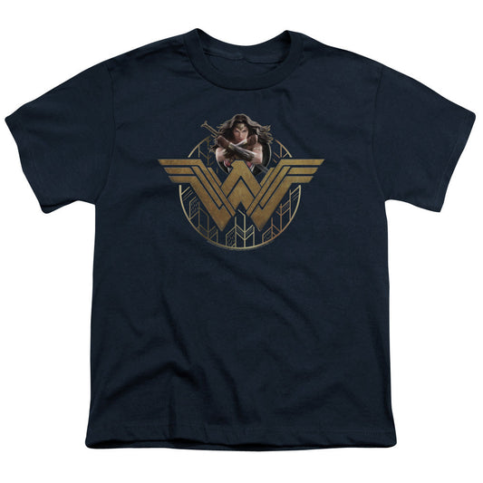 Wonder Woman Movie Power Stance And Emblem Kids Youth T Shirt Navy Blue Officially Licensed
