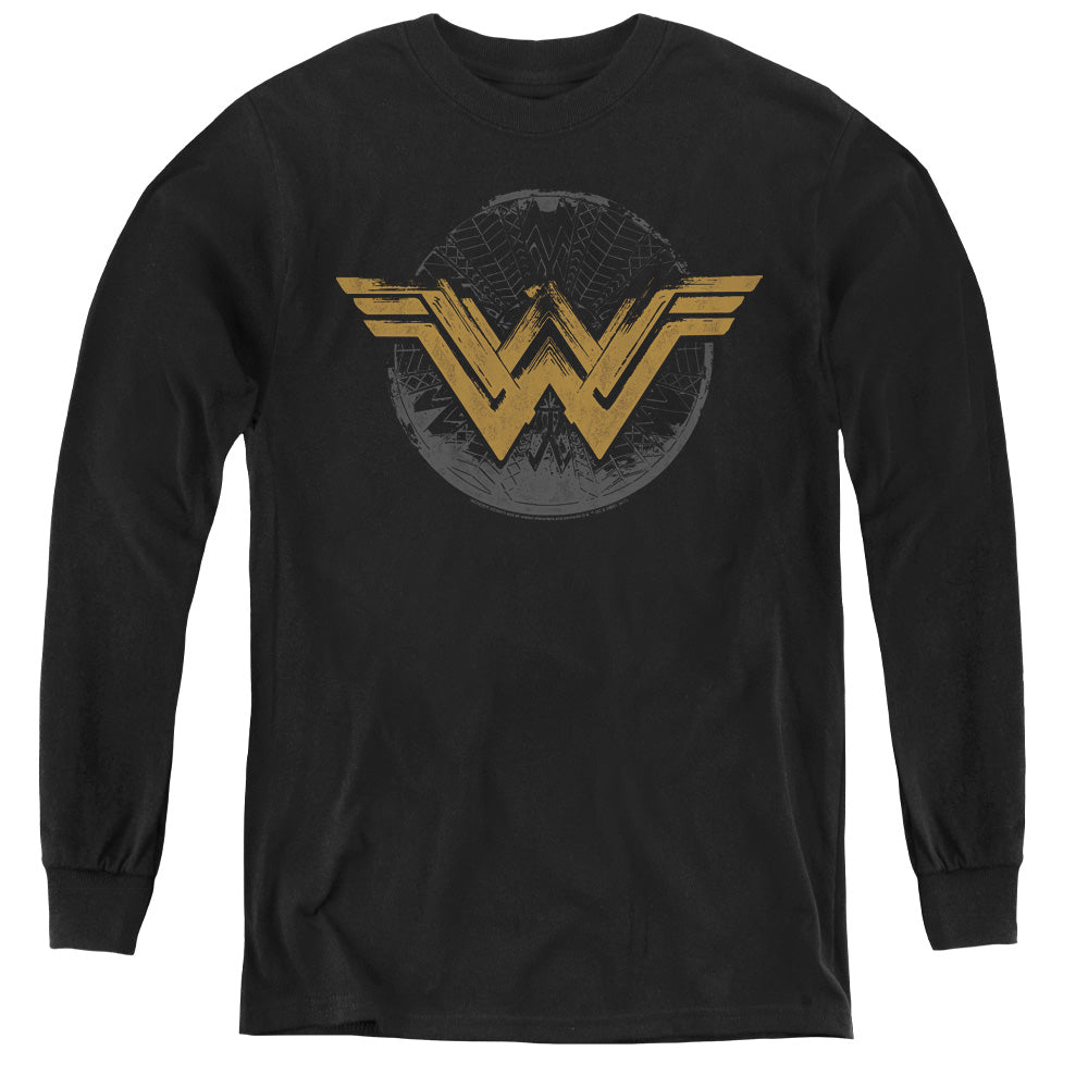 Wonder Woman Movie Distressed Logo Long Sleeve Kids Youth T Shirt Black Officially Licensed