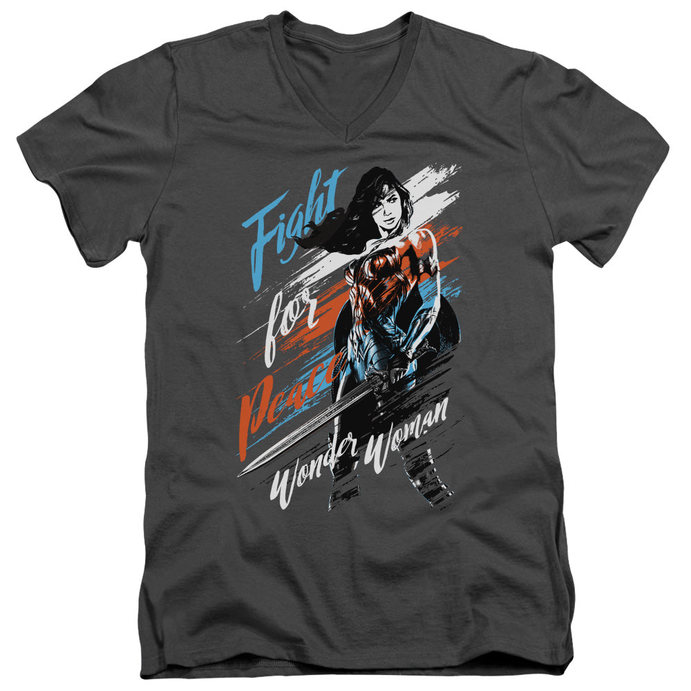 Wonder Woman Movie Fight For Peace Mens Slim Fit V-Neck T Shirt Charcoal Officially Licensed
