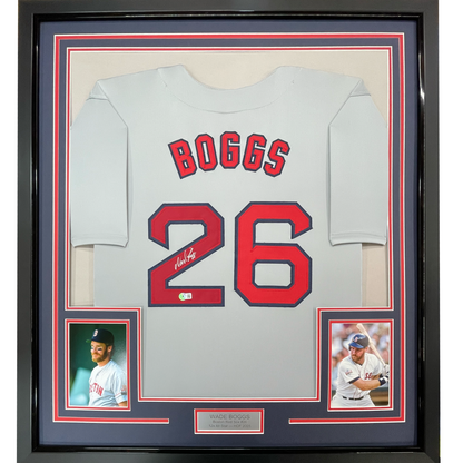 Framed Autographed/Signed Wade Boggs 35x39 Boston Grey Baseball Jersey JSA COA