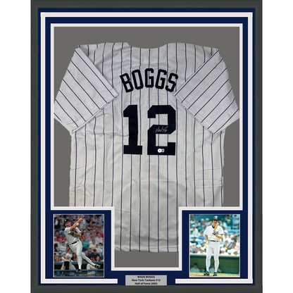 Framed Autographed/Signed Wade Boggs 35x39 New York Pinstripe Baseball Jersey Beckett BAS COA