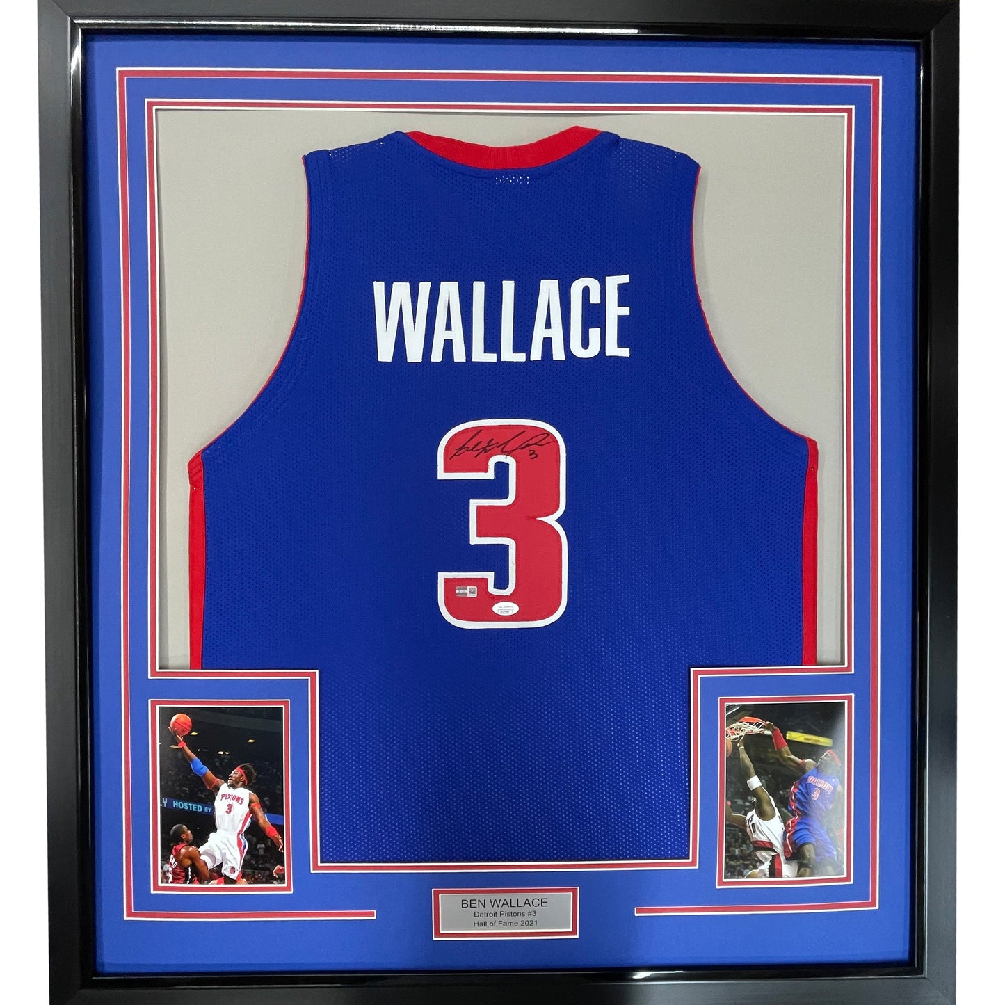 Framed Autographed/Signed Ben Wallace 35x39 Detroit Blue Basketball Jersey JSA COA