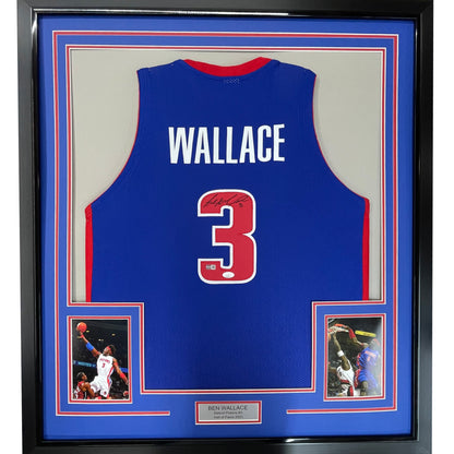 Framed Autographed/Signed Ben Wallace 35x39 Detroit Blue Basketball Jersey JSA COA