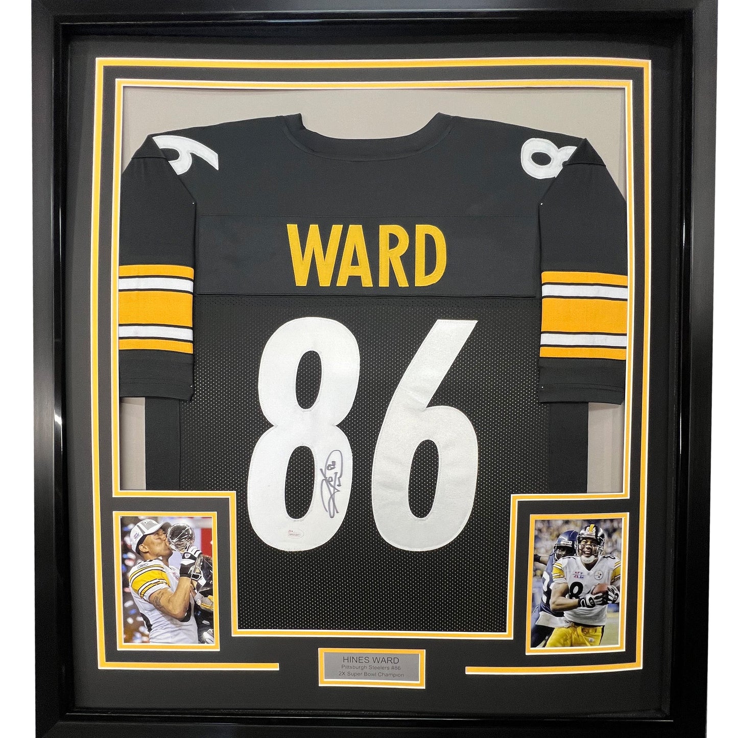 Framed Autographed/Signed Hines Ward 35x39 Pittsburgh Black Football Jersey JSA COA