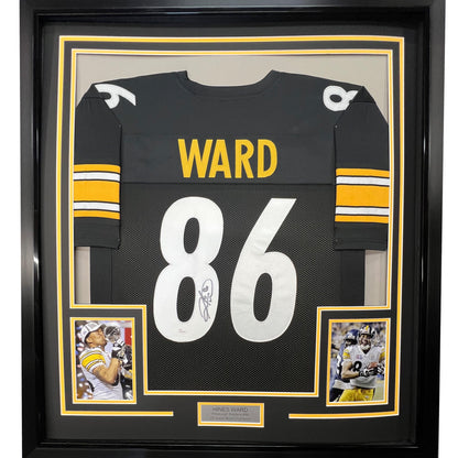 Framed Autographed/Signed Hines Ward 35x39 Pittsburgh Black Football Jersey JSA COA
