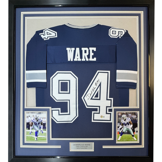 Framed Autographed/Signed Demarcus Ware 35x39 Dallas Blue Football Jersey Beckett BAS COA