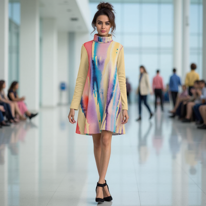 Watercolor Drip Women's High Neck Dress With Long Sleeves