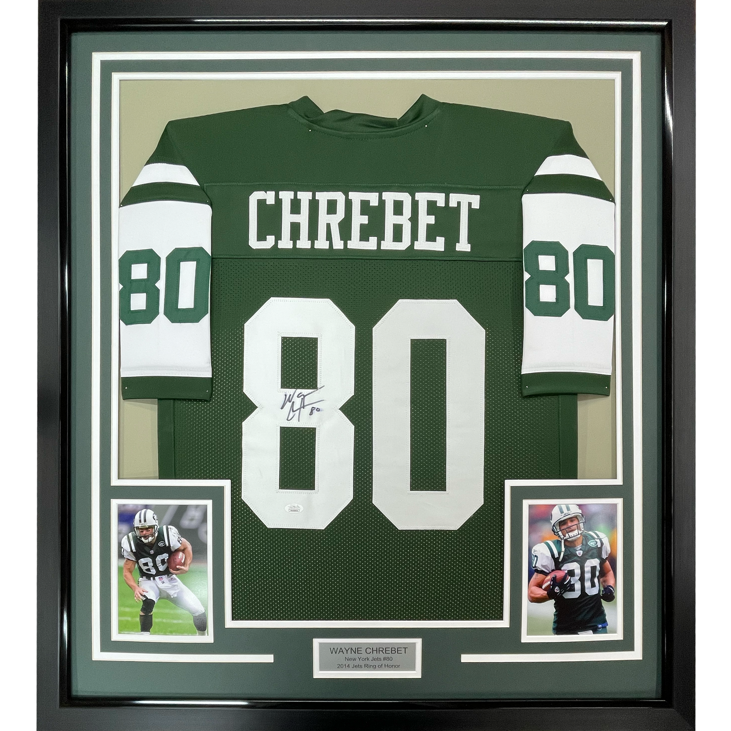 Framed Autographed/Signed Wayne Chrebet 35x39 New York Green Football Jersey JSA COA