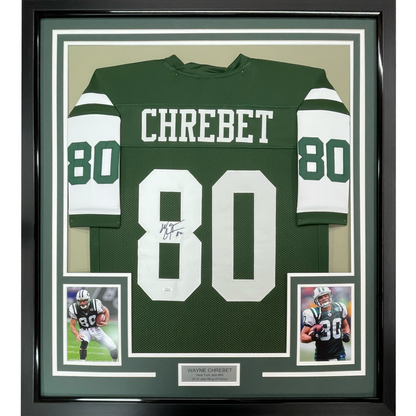 Framed Autographed/Signed Wayne Chrebet 35x39 New York Green Football Jersey JSA COA