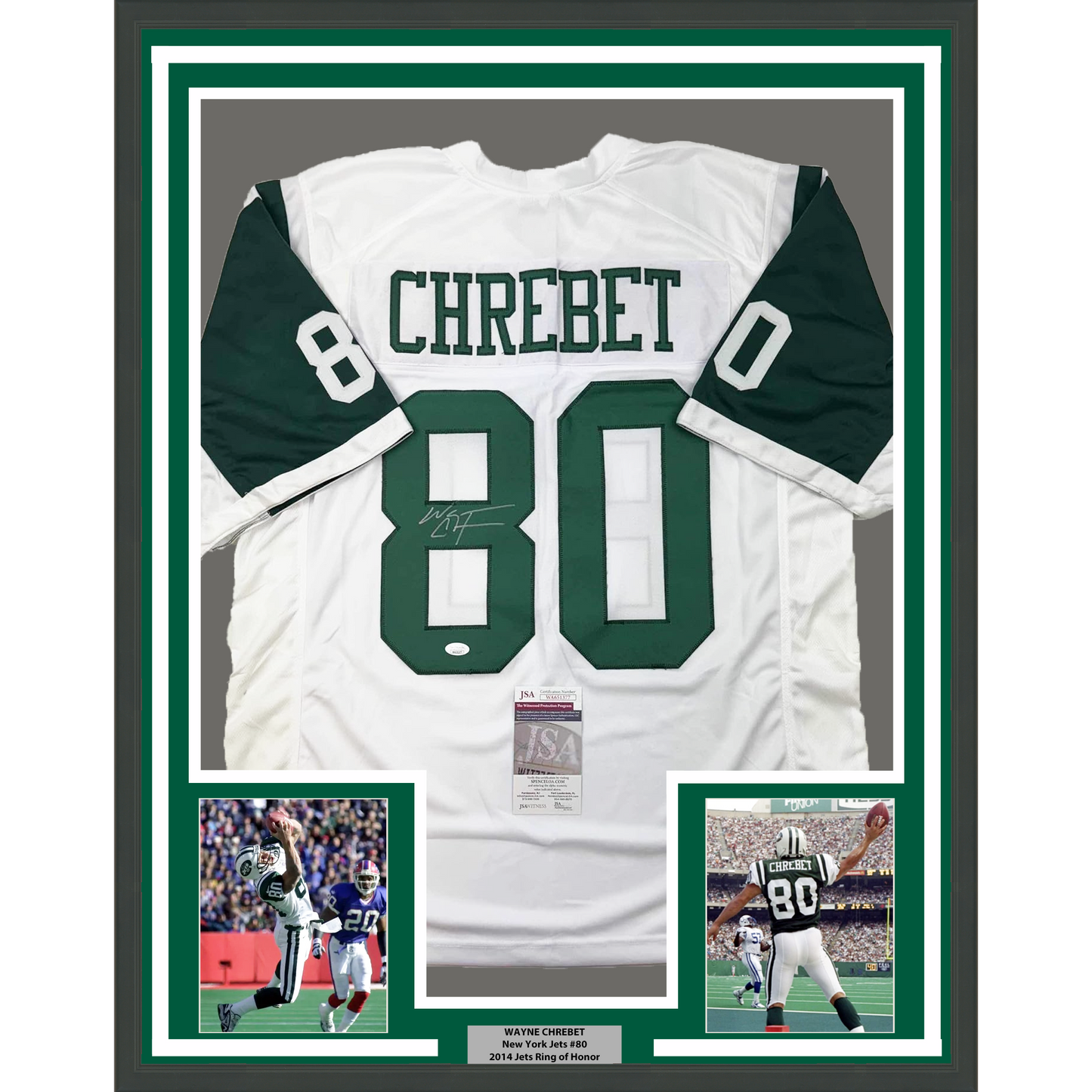 Framed Autographed/Signed Wayne Chrebet 35x39 New York White Football Jersey JSA COA