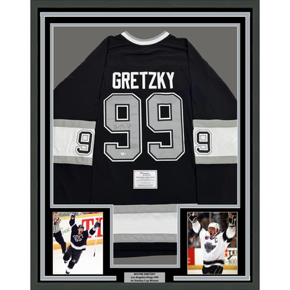 Framed Autographed/Signed Wayne Gretzky 35x39 Los Angeles Kings Black Mitchell & Ness Vintage Hockey Jersey Fanatics COA