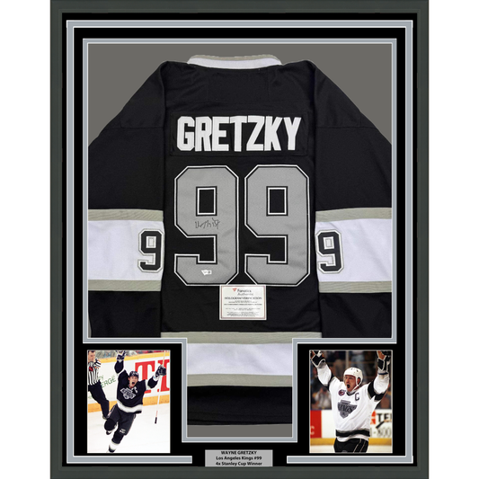 Framed Autographed/Signed Wayne Gretzky 35x39 Los Angeles Kings Black Hockey Jersey Fanatics COA