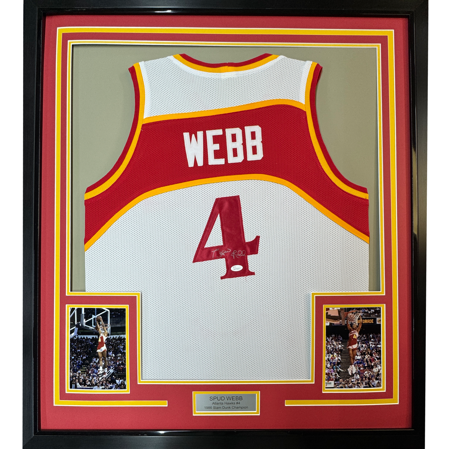 Framed Autographed/Signed Spud Webb 35x39 Atlanta White Basketball Jersey JSA COA