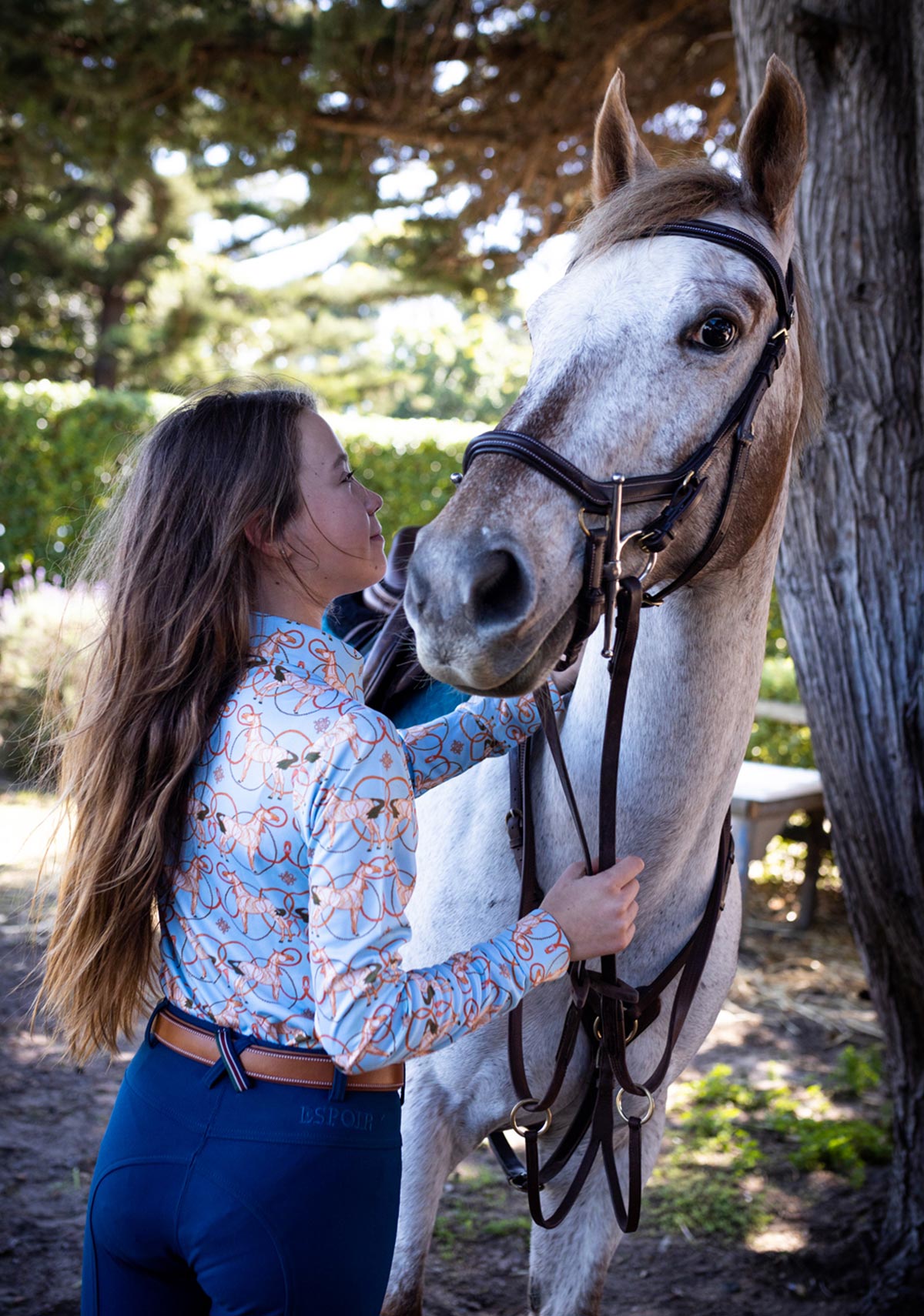 Roped Horses on Sky Blue Ladies Button Shirt