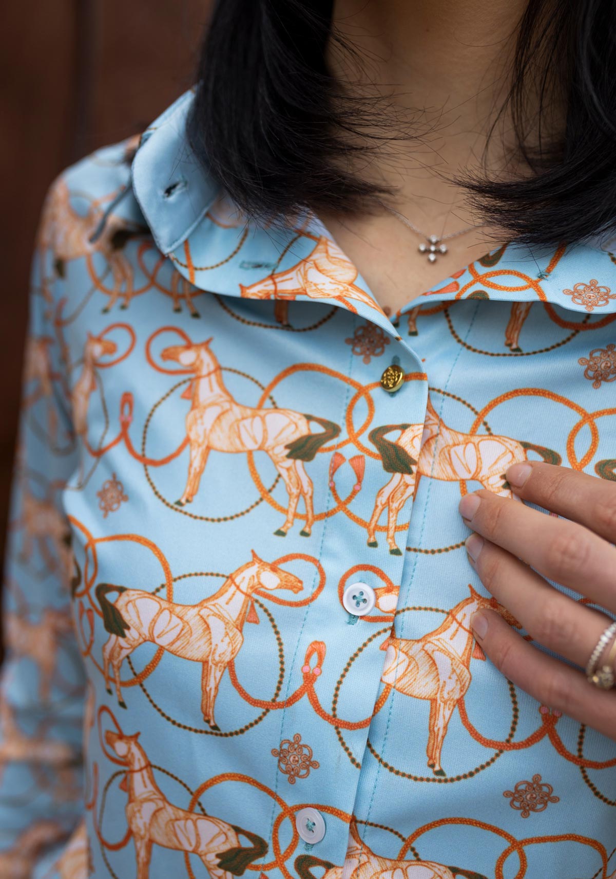 Roped Horses on Sky Blue Ladies Button Shirt