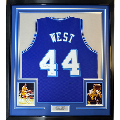 Framed Autographed/Signed Jerry West 35x39 Los Angeles LA Blue Retro Basketball Jersey JSA COA
