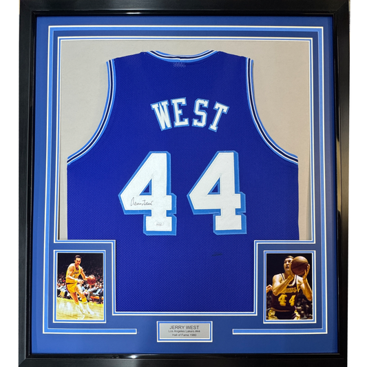 Framed Autographed/Signed Jerry West 35x39 Los Angeles LA Blue Retro Basketball Jersey JSA COA