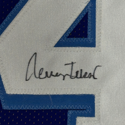 Framed Autographed/Signed Jerry West 35x39 Los Angeles LA Blue Retro Basketball Jersey JSA COA