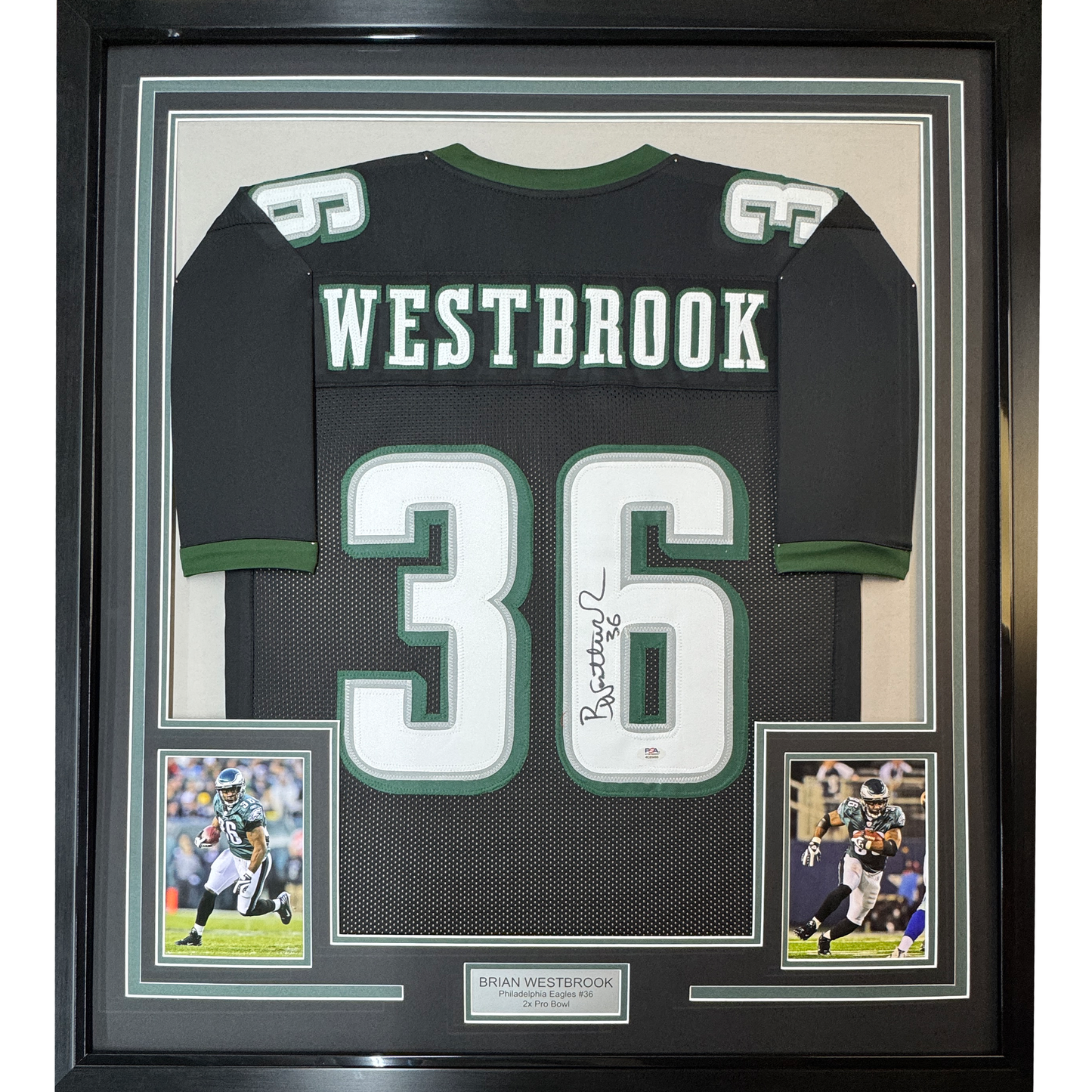 Framed Autographed/Signed Brian Westbrook 35x39 Philadelphia Black Football Jersey PSA/DNA COA