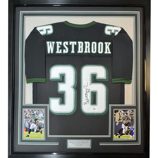 Framed Autographed/Signed Brian Westbrook 35x39 Philadelphia Black Football Jersey PSA/DNA COA