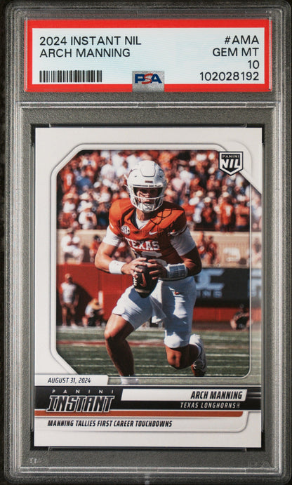 Graded 2024 Panini Instant NIL Arch Manning #AMA First Career Touchdown Pass Rookie RC Football Card PSA 10 Gem Mint