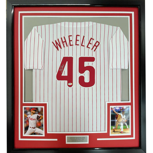 Framed Autographed/Signed Zack Wheeler 35x39 Philadelphia Pinstripe Baseball Jersey PSA/DNA COA
