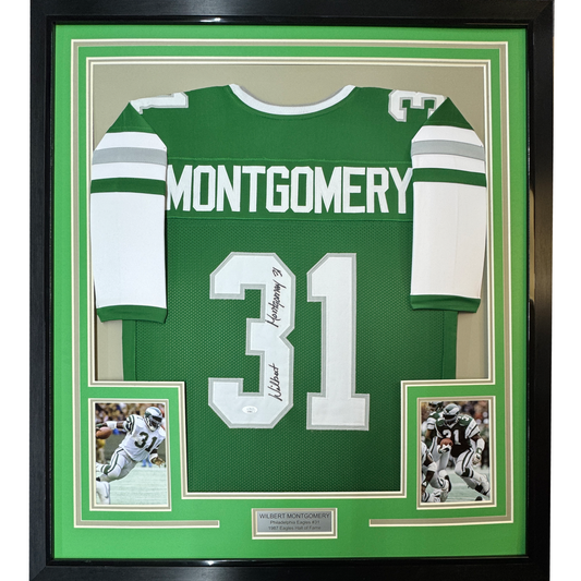 Framed Autographed/Signed Wilbert Montgomery 35x39 Philadelphia Green Football Jersey JSA COA